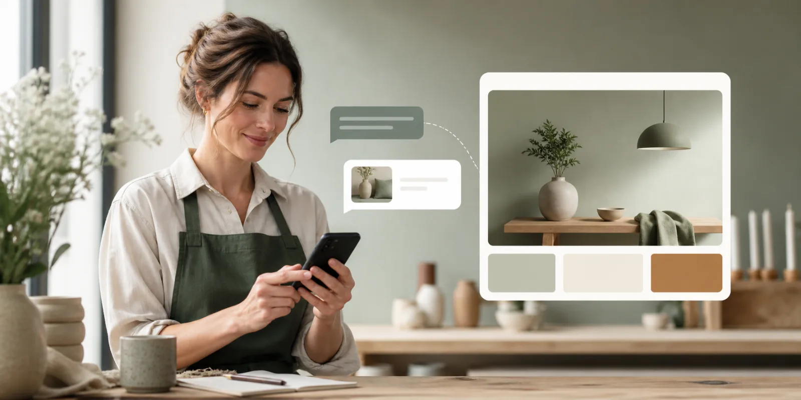 Een ondernemer geeft via haar telefoon een wijziging voor haar website door en bekijkt het voorbereide resultaat